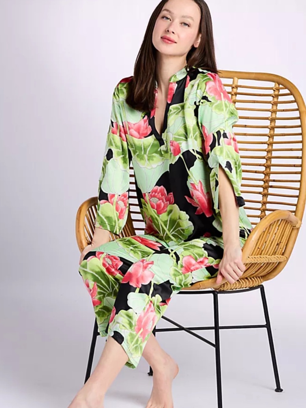 Natori Ascendant Lotus Printed Satin Mandarin PJ Set